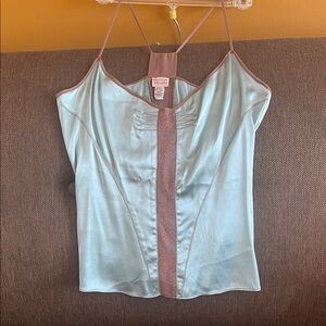 Diane Von Furstenberg Light Blue Satin Camisole with Brown Trim